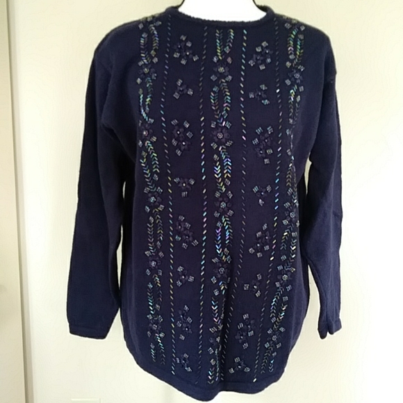 Victoria Jones Beaded Floral Tunic Sweater L Navy Blue - Picture 1 of 16